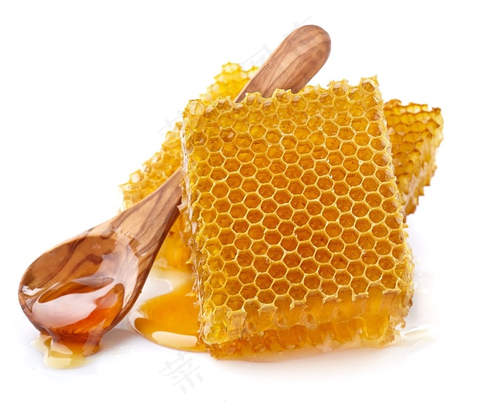 美味的蜂巢蜜和木勺高清图片