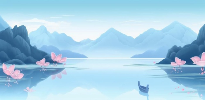 山水画湖泊花背景(1200x587)