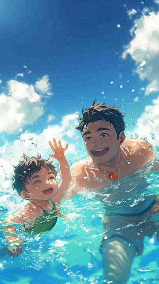 夏天游泳兄弟父子，父亲节父爱，清爽暑期夏至