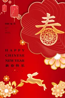 喜庆红色创意兔年春节海报 1