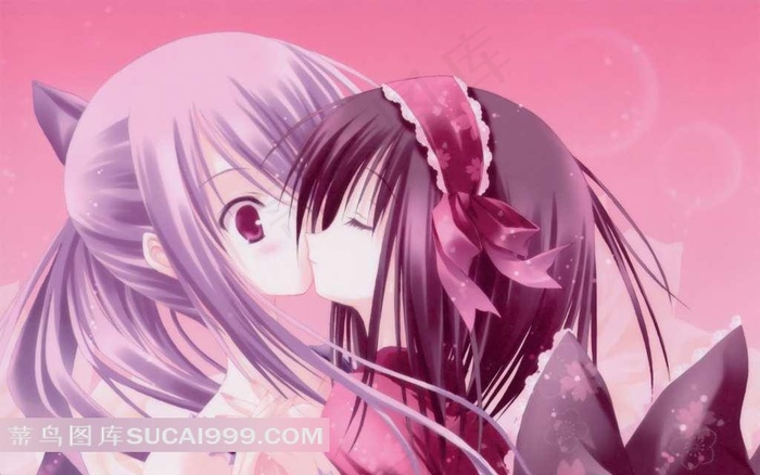 互相亲吻的两个卡通女孩