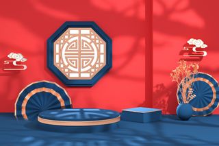 中国风古典喜庆C4D背景图3D国潮场景促销活动海报PSD设计素材模板