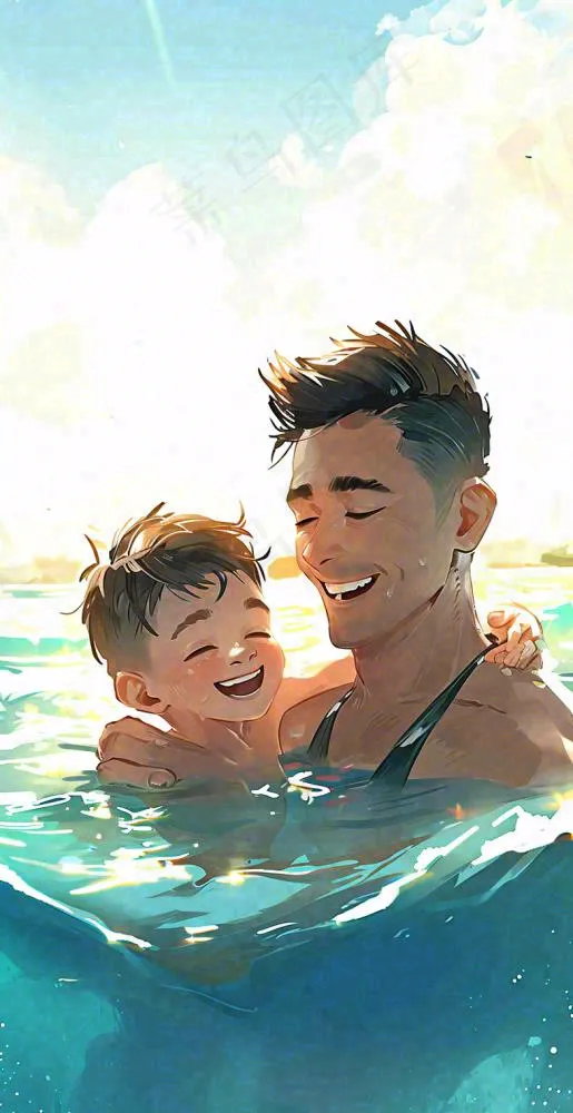 夏天父子游泳泳池蓝天白云清新手绘插画(784x1520)