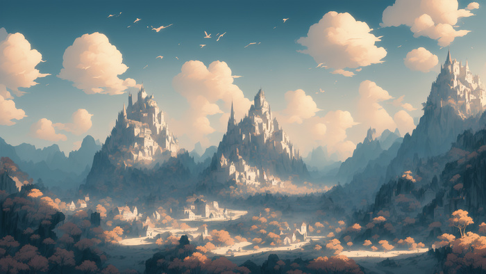 美丽大气写意风景背景壁纸插画-卓尔那瓦山城