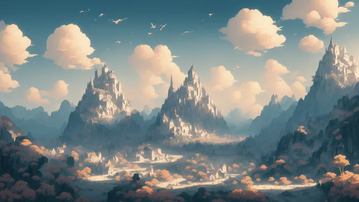 美丽大气写意风景背景壁纸插画-卓尔那瓦山城