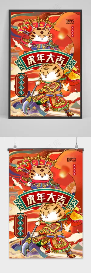 手绘虎年插画新年吉祥海报