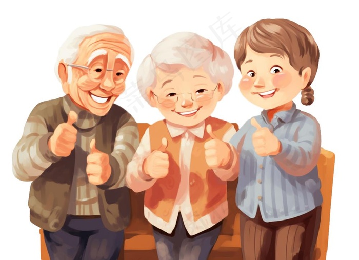 老人合照团聚卡通插画免抠