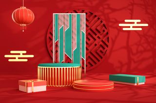 中国风古典喜庆C4D背景图3D国潮场景促销活动海报PSD设计素材模板