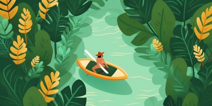 卡通插画湖面植物划船游湖背景(1536x768)
