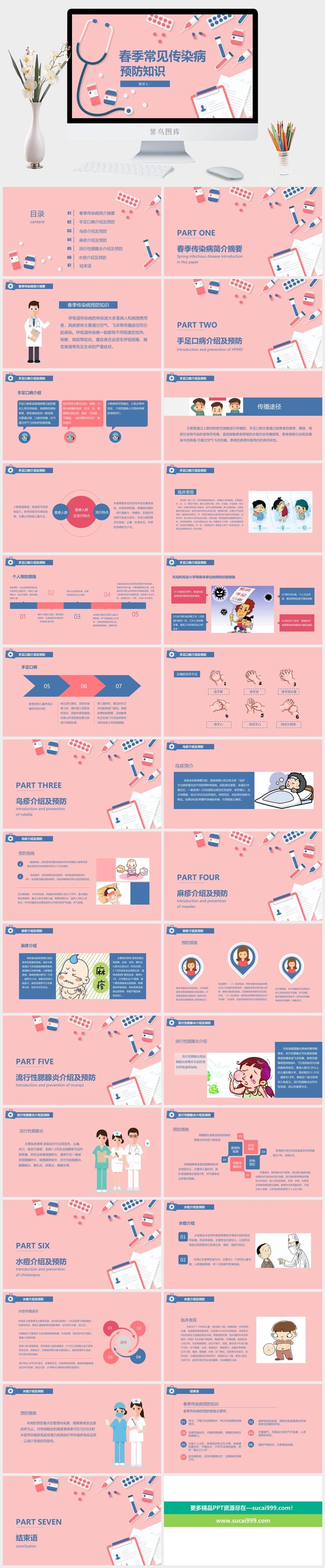 粉色春季常见传染病预防知识教育培训PPT模板