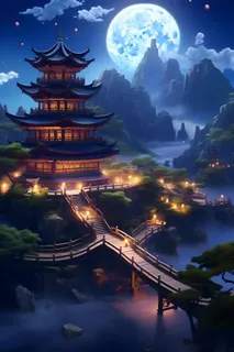 国风蓝色夜晚建筑典雅背景