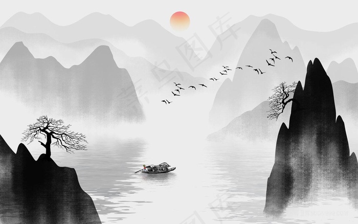 水墨湖畔木船山脉风景画