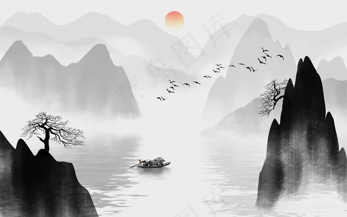 水墨湖畔木船山脉风景画