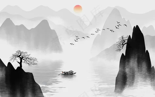 水墨湖畔木船山脉风景画 水墨湖畔木船山脉风景画