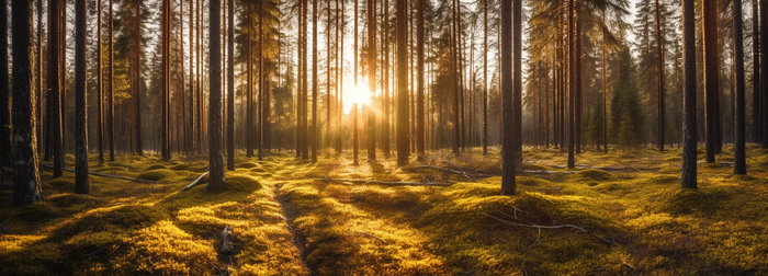 日出日落阳光穿过树林照射在森林的树上摄影图