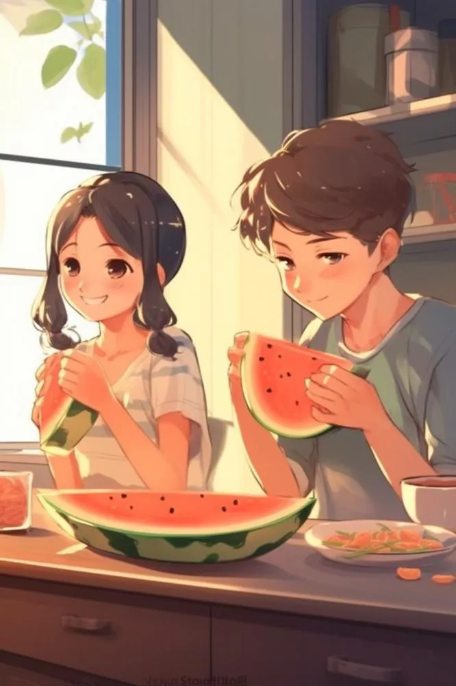 夏日卡通插画儿童吃西瓜动漫风背景(896x1344)