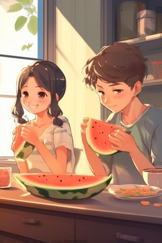 夏日卡通插画儿童吃西瓜动漫风背景