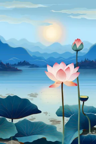 创意蓝色山水荷花荷叶背景