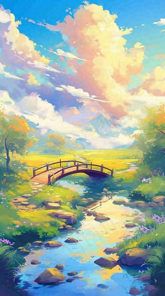 春天草坪河流小溪蓝天白云清新阳光手绘插画，立春春分(816x1456)