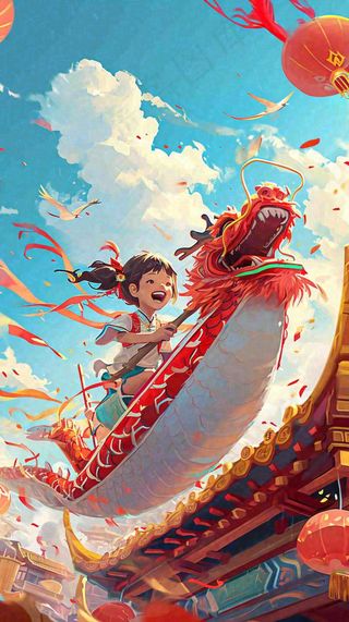 海面上龙船开船手绘插画，孩子人物，蓝天白云古风