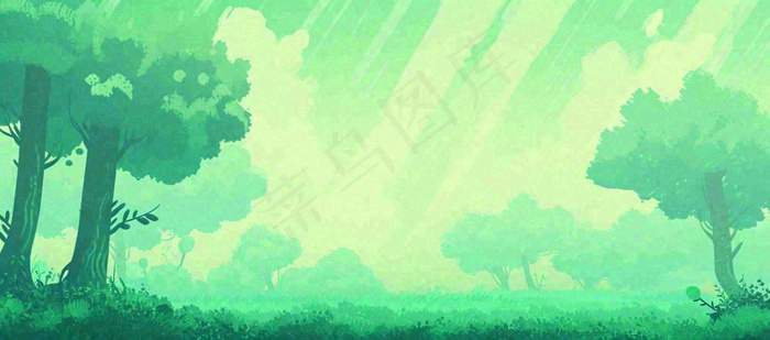 春天绿色插画手绘森林草地，白云阳光(1632x720)