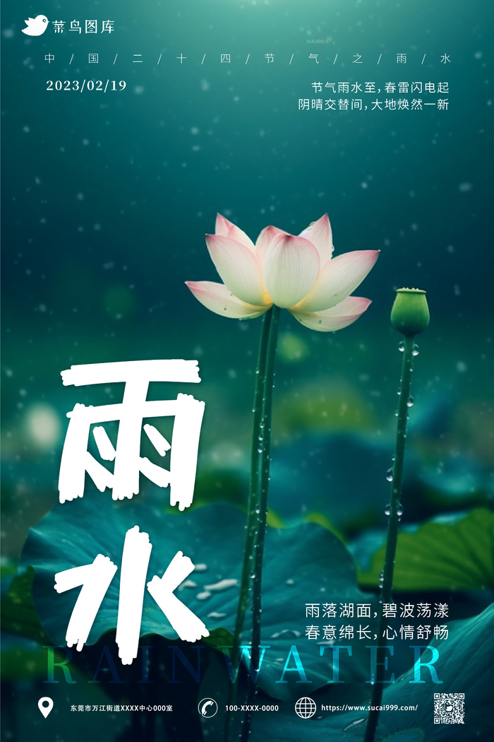 雨天 荷花 简约风 雨水节气海报ai矢量模版下载