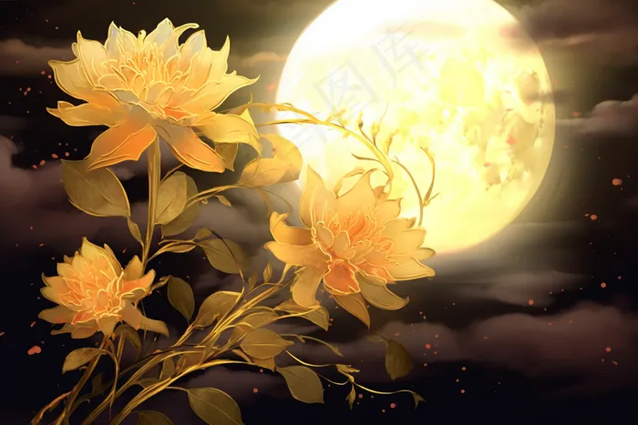 中秋月圆之夜牡丹花鲜花插画素材(4032x2688)