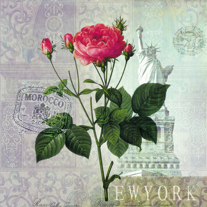 手绘玫瑰花自由女神艺术插画