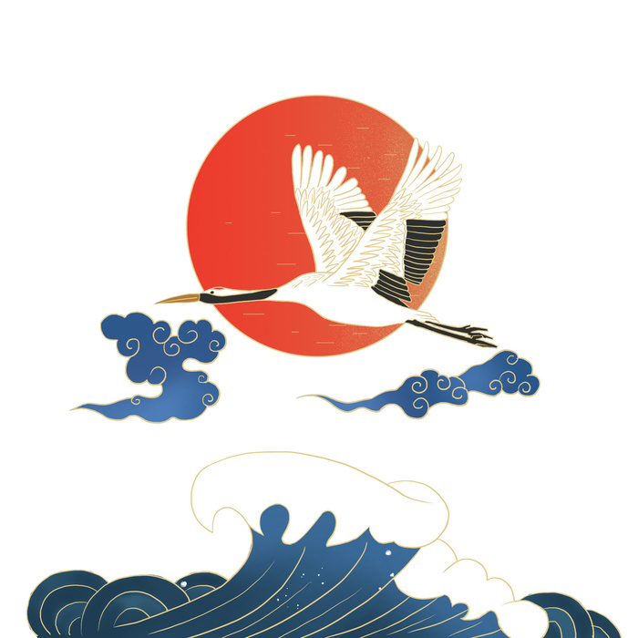 中国风国潮仙鹤山水插画手绘元素场景PSD设计素材
