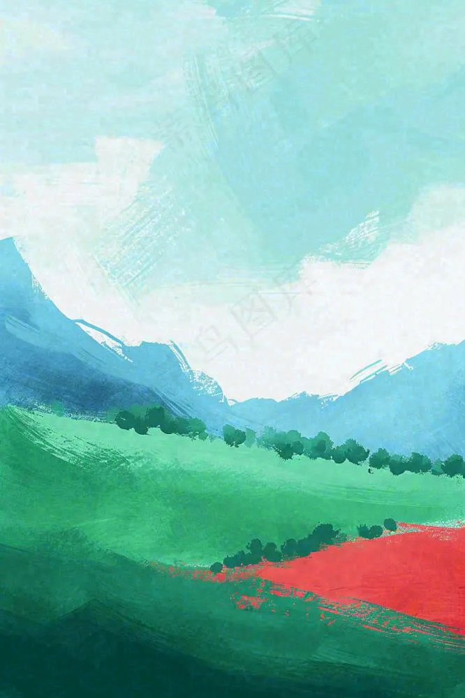 春天郊外绿地草地山脉石头插画手绘，惊蛰春分(896x1344)