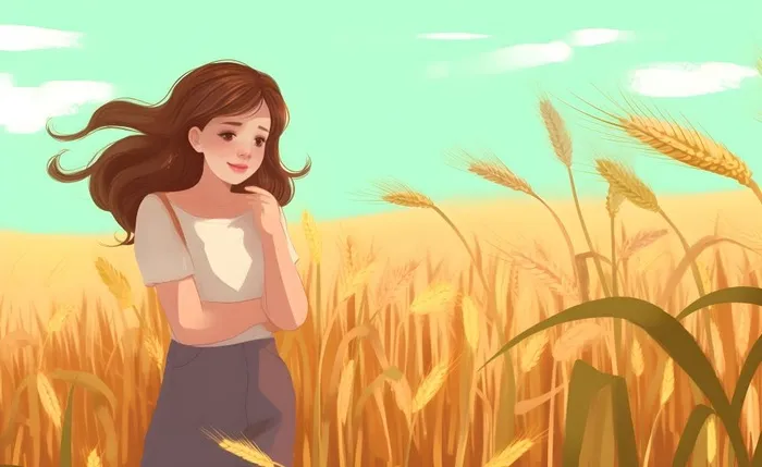 小麦麦穗穿裙子的女孩黄色插画背景(5632x3456)