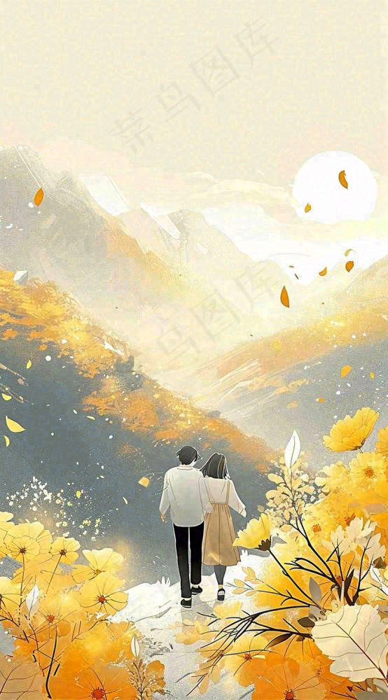 端午节老人相伴到老，菊花黄色花朵，落日山脉(816x1472)