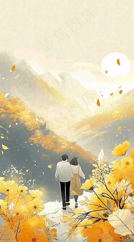 端午节老人相伴到老，菊花黄色花朵，落日山脉(816x1472)