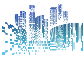 蓝色抽象几何矩阵像素城市剪影