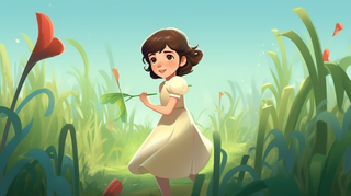 穿裙子的小女孩在草丛花丛里奔跑卡通插画素材 