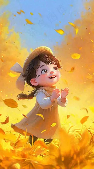 秋天温馨秋叶可爱少女插画，秋分小麦