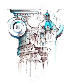 水彩西式建筑高清图片