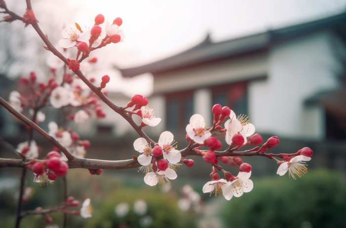 开花的中国传统梅花在阳光下摄影图壁纸(5440x3584)