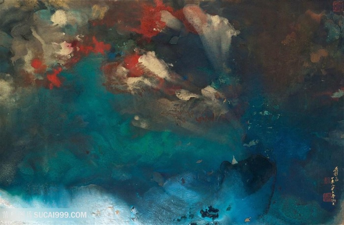 张大千手绘水墨湖畔美景装饰画