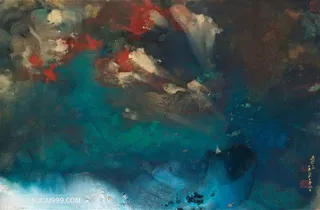 张大千手绘水墨湖畔美景装饰画