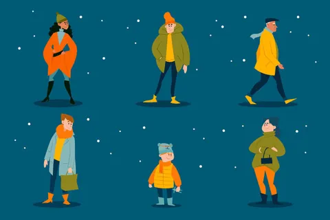 冬天服饰服装冬装穿冬装保暖冬季卡通人物男女装Ai矢量图片素材