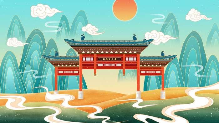 中国风国潮古建筑地标城市古风建筑阁楼印象地标手绘插画PSD素材