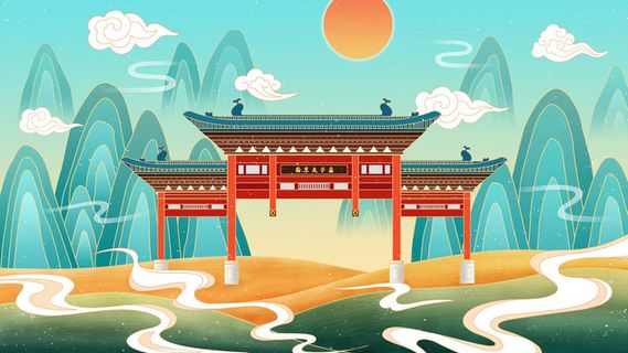 中国风国潮古建筑地标城市古风建筑阁楼印象地标手绘插画PSD素材