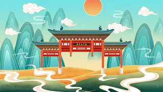 中国风国潮古建筑地标城市古风建筑阁楼印象地标手绘插画PSD素材