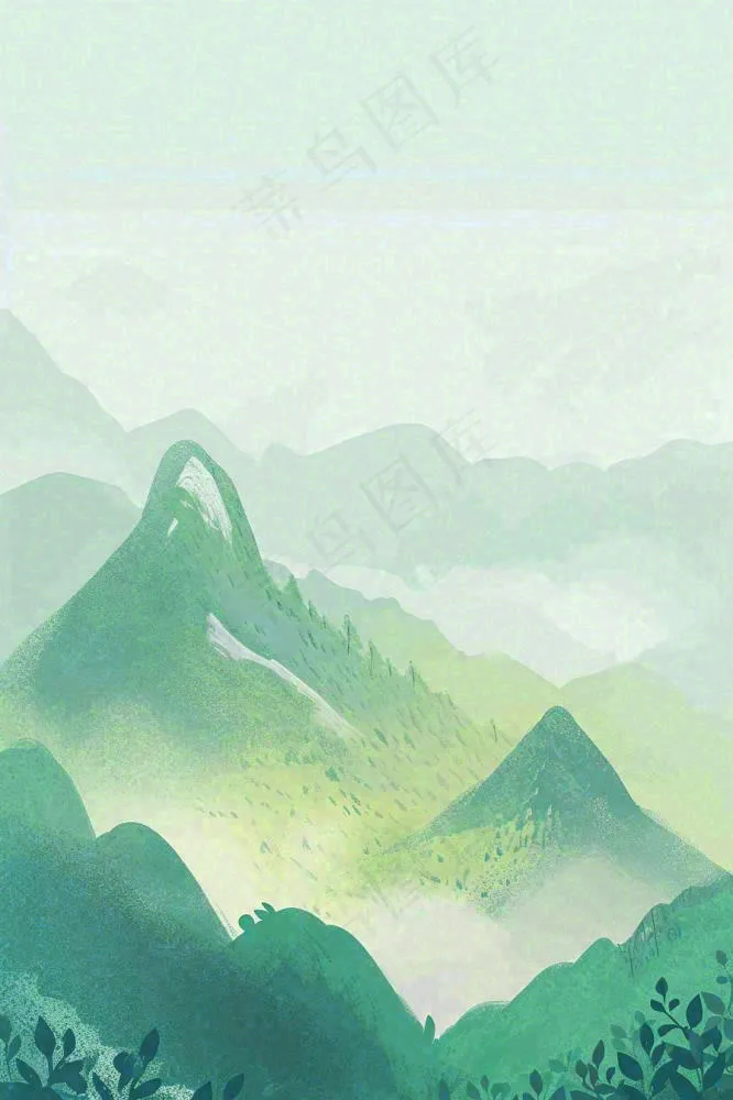 青绿山脉树木小草扁平插画手绘(896x1344)