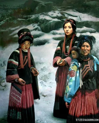 山路妇女唯美风景画油画