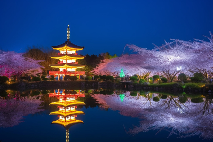 公园夜景发光的宝塔倒映在湖水里摄影图(5376x3584)