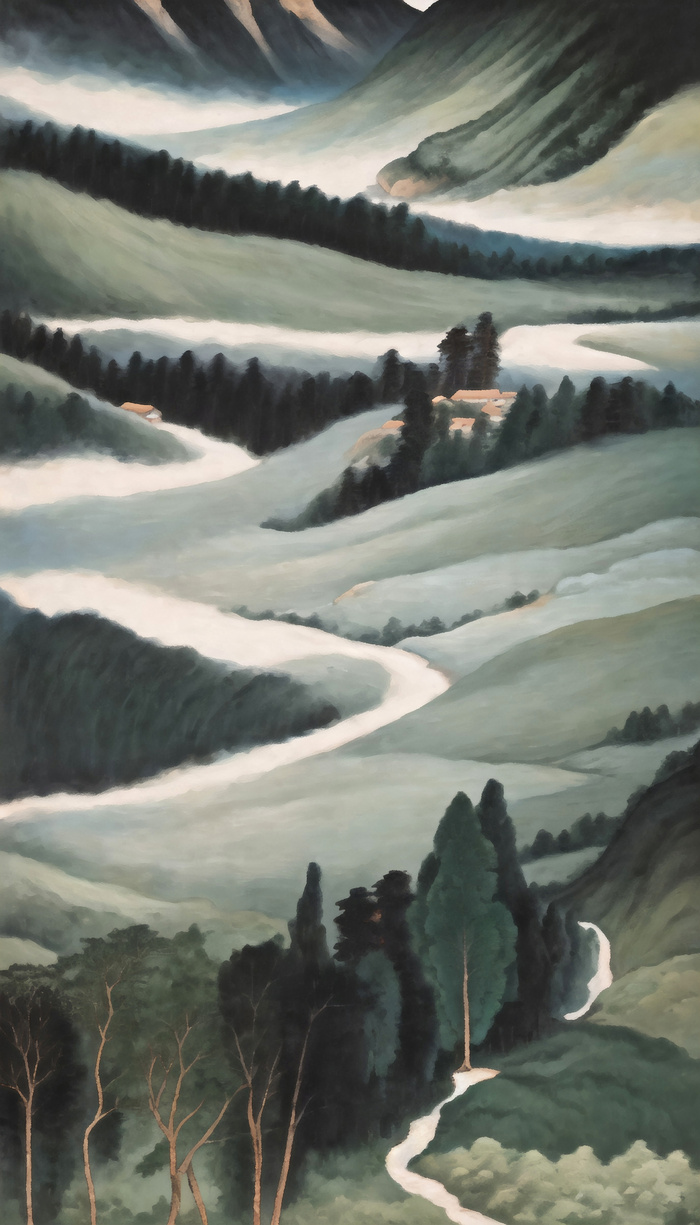 青山风景新中式风格简约风格绿色水彩油画装饰画