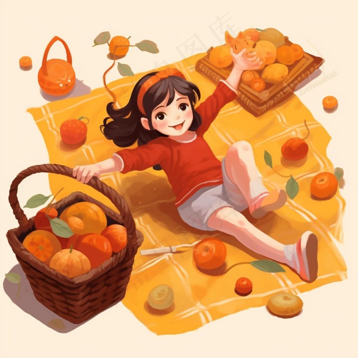 野餐垫上的女孩水果玩耍开心橙色插画素材背景(1024x1024)