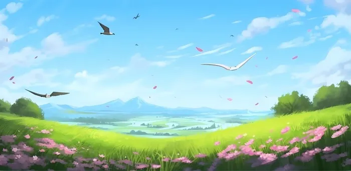 春天蓝天白云草原绿色树草地手绘插画海报素材背景(6272x3072)